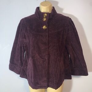 Izod purple high neck statement buttons Corduroy Jacket 3/4 sleeve  size medium